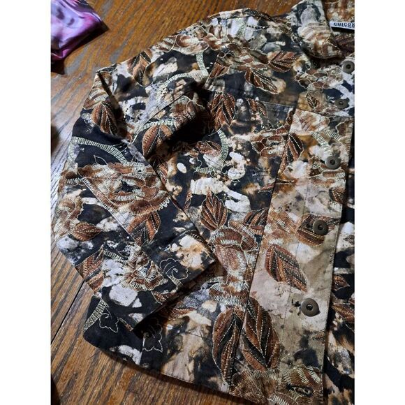 Small Chicos Size 0 Brown Tan Black Gold Metallic Button Up Floral Denim Jacket - Picture 2 of 4